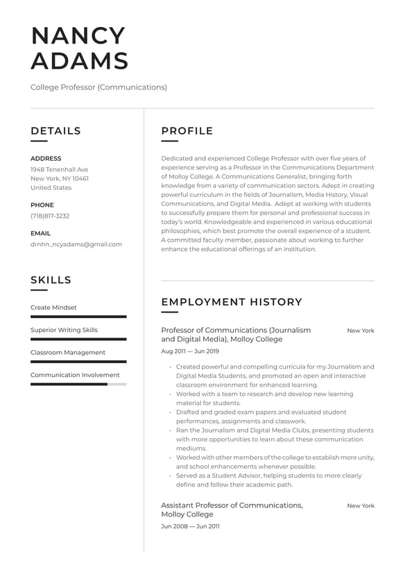 College Professor resume example