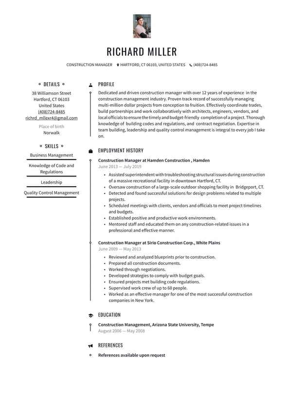 Construction Manager resume example