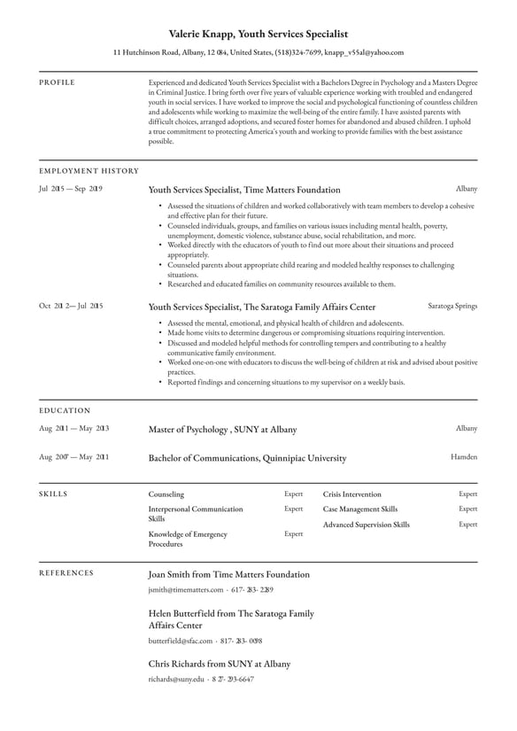 Youth Services Specialist  resume example