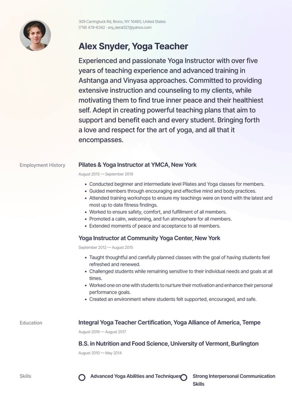 Yoga Instructor resume example