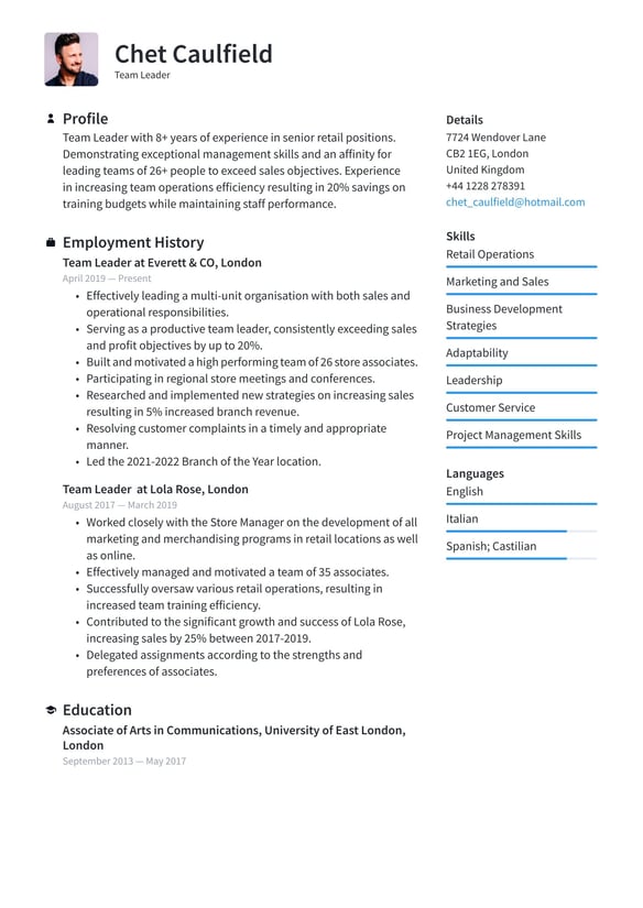 Team Leader resume example