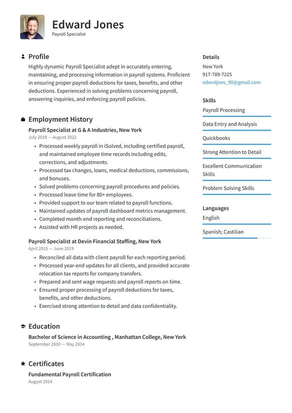 Payroll Specialist resume example
