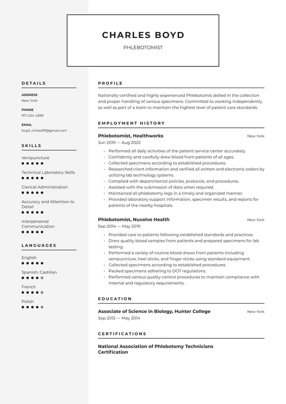 Phlebotomist resume example