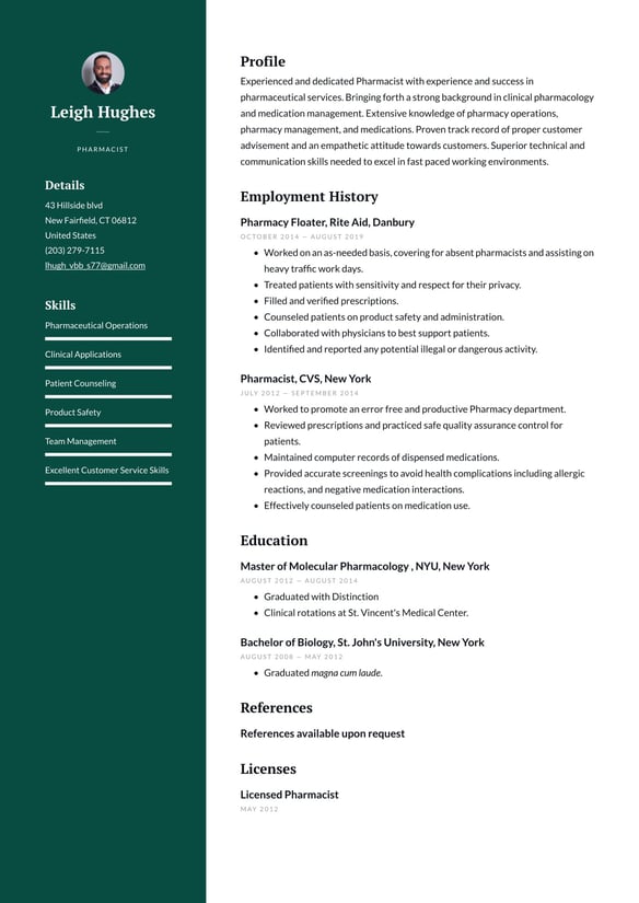Pharmacist resume example