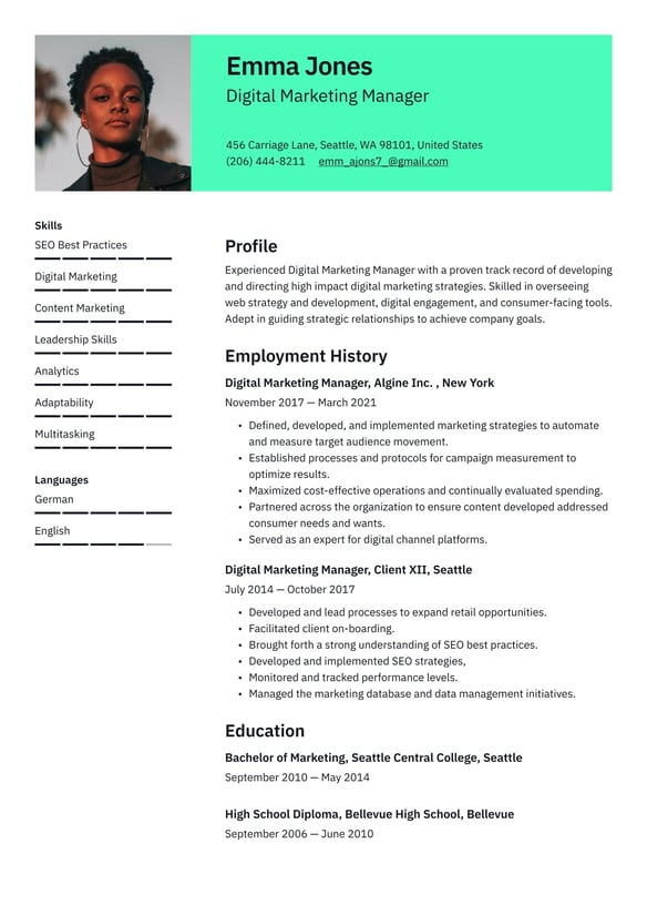 Digital Marketing resume example