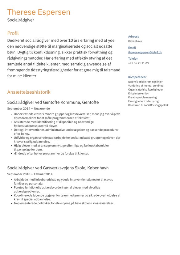 Socialrådgiver resume example
