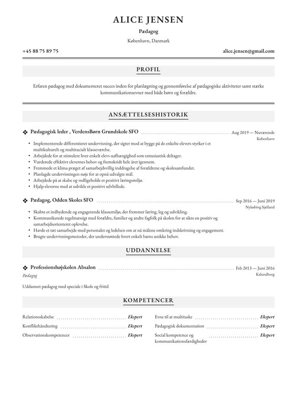 Pædagog resume example