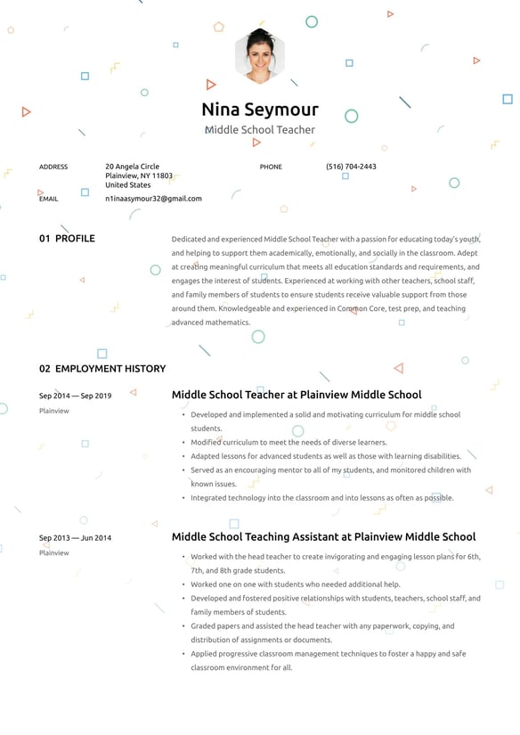 Middle School Teacher resume example