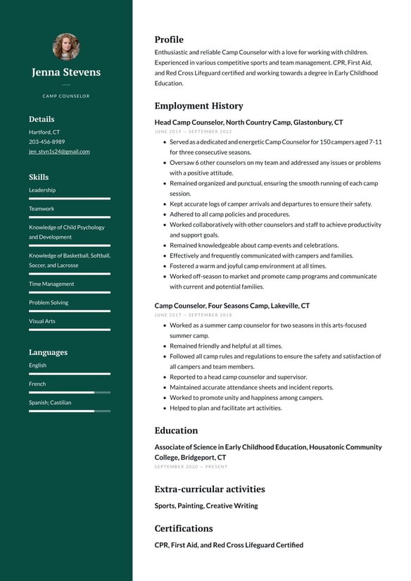 Camp Counselor resume example