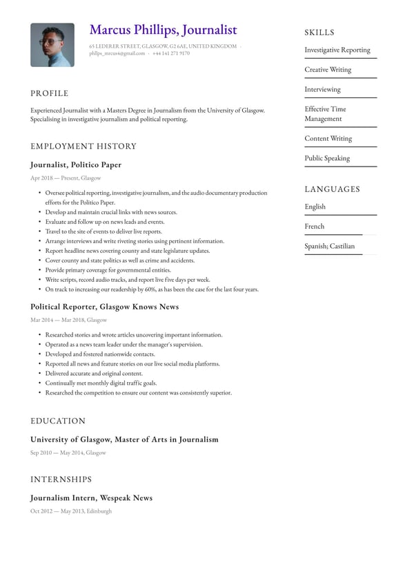 Journalism resume example