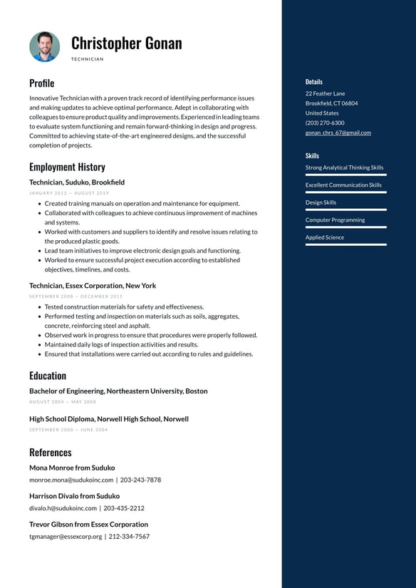 Technician resume example