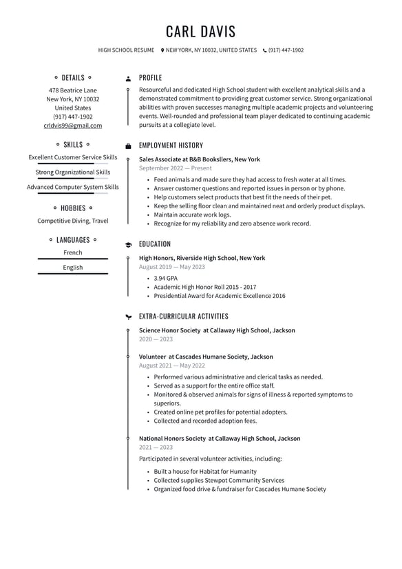 High School Student resume example