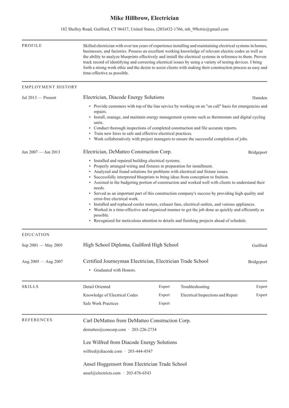 Electrician resume example