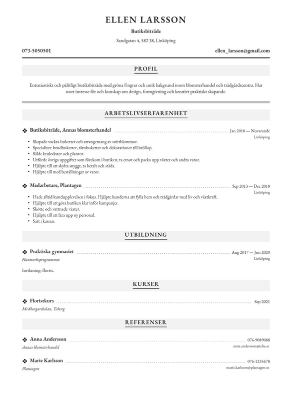 Butiksbiträde resume example