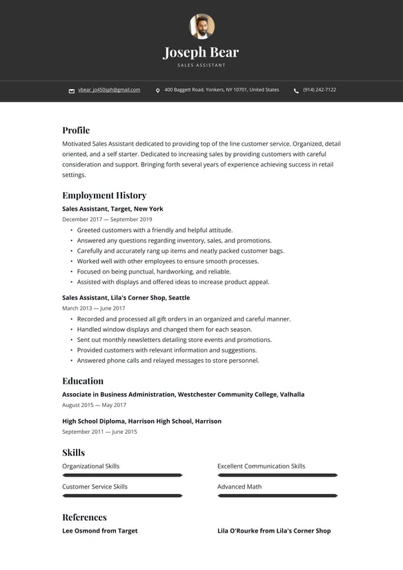 Sales Assistant resume example