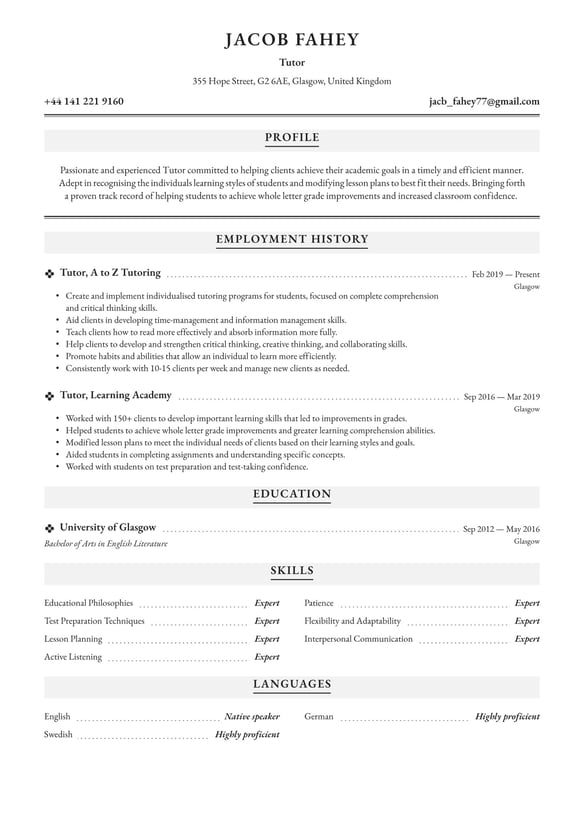 Tutor resume example