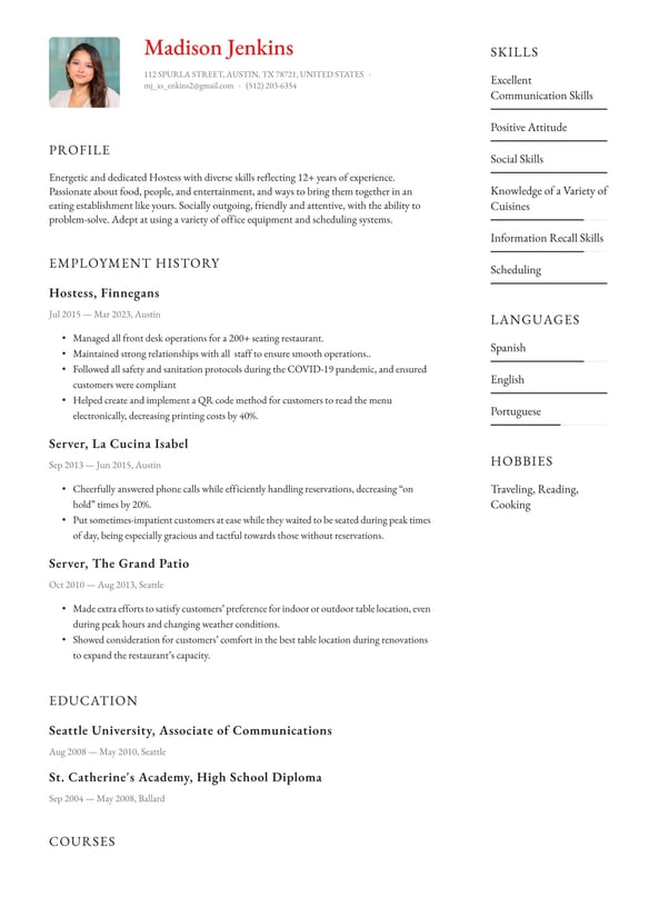 Hostess resume example