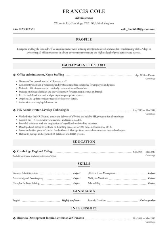Administrator resume example