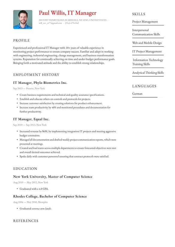 IT Manager resume example