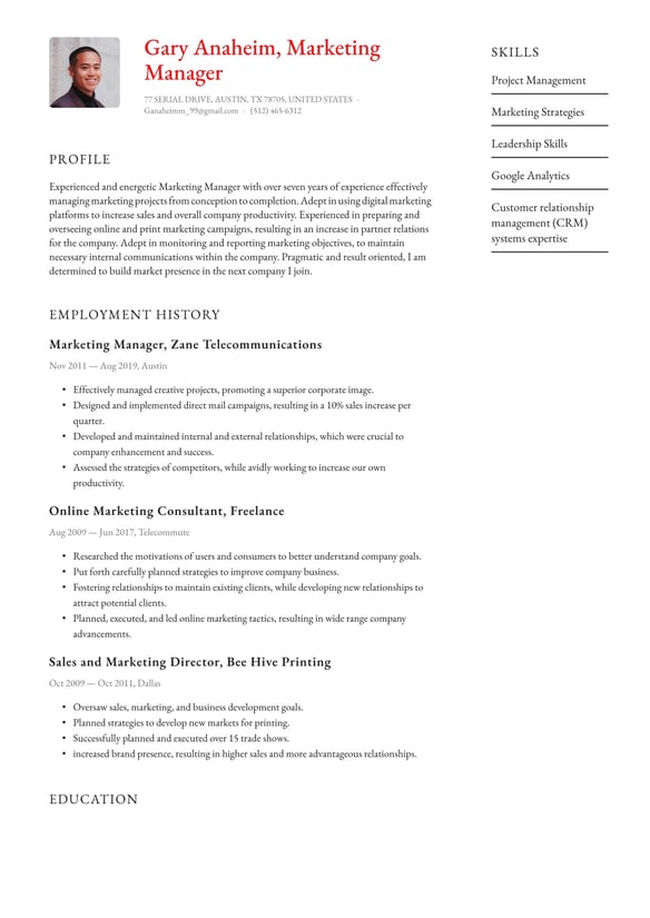 Marketing Manager resume example