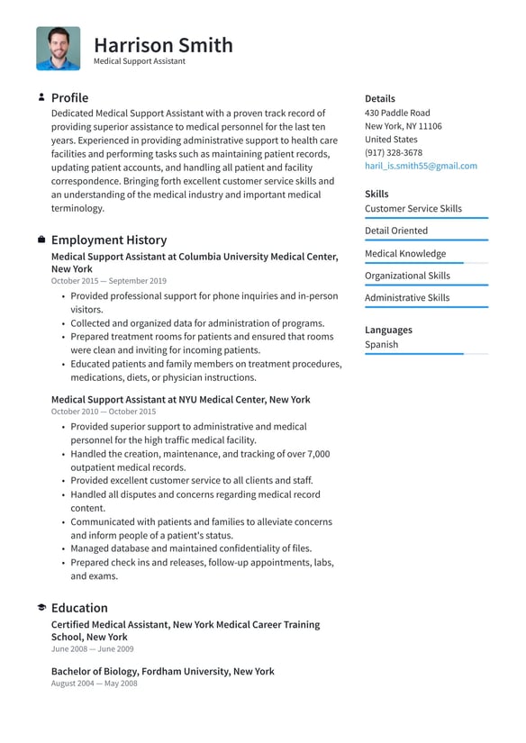 Medical Support Assistant resume example