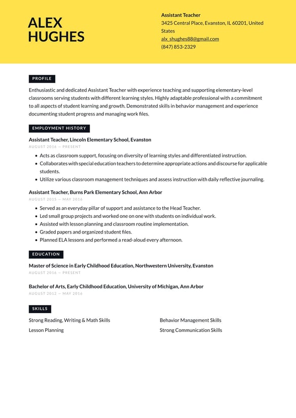 Teacher Assistant resume example