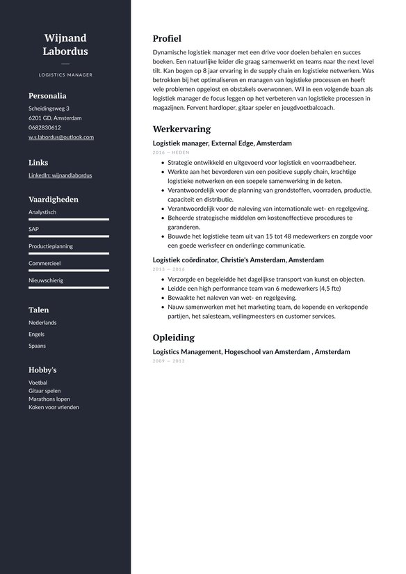 Logistiek Manager resume example