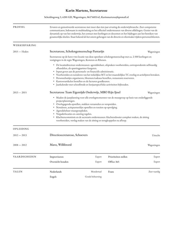Secretaresse resume example