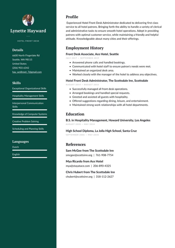 Hotel Front Desk Employee resume example