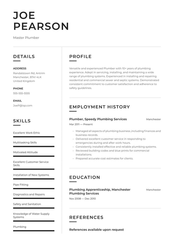 Plumber resume example