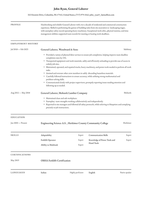 General Laborer resume example