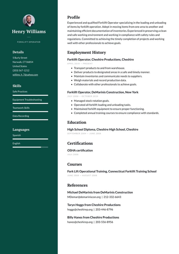 Forklift Operator resume example