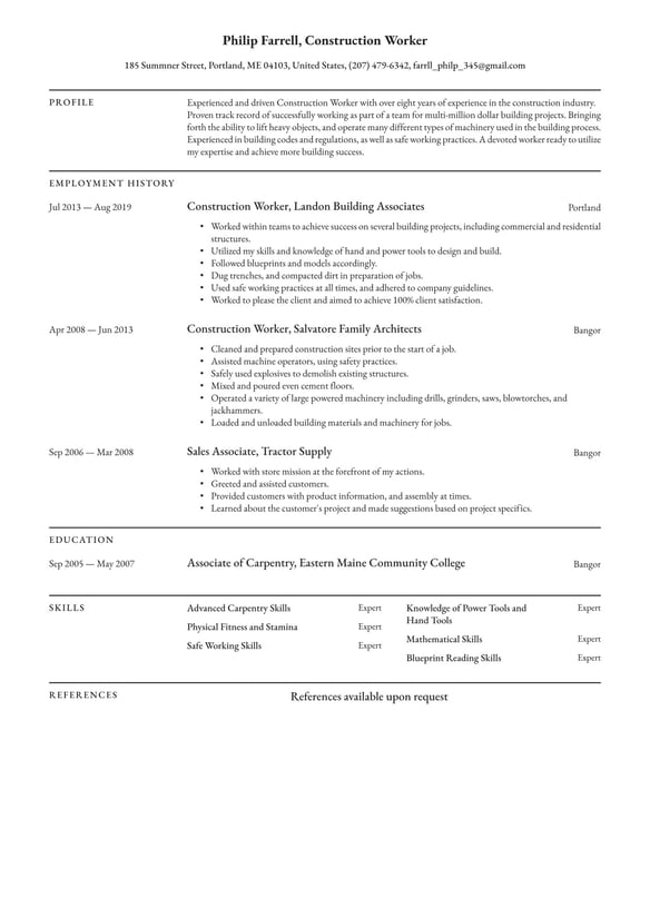 Construction Worker resume example