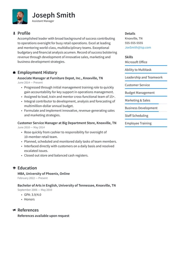 Assistant Manager resume example