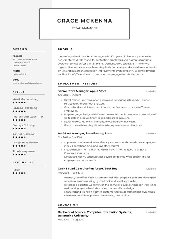 Retail Manager resume example