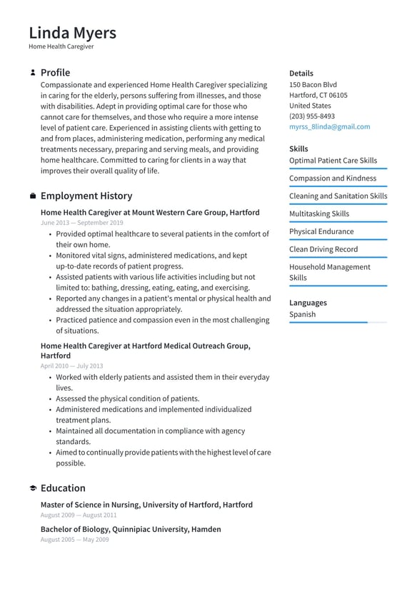 Caregiver resume example