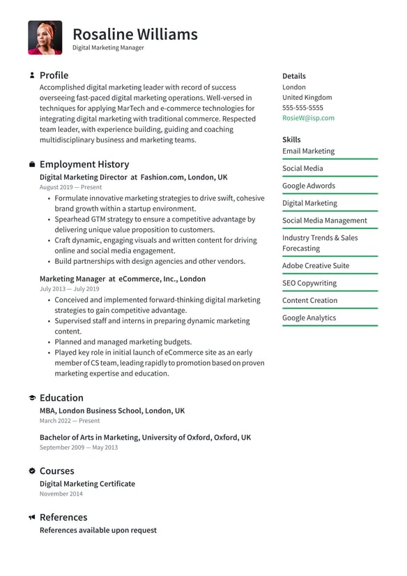 Digital Marketing resume example