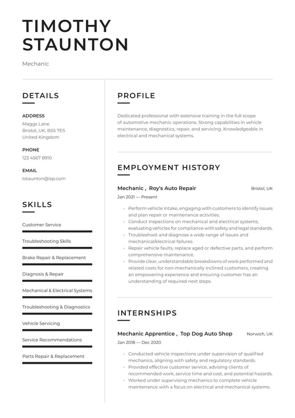 Mechanic resume example