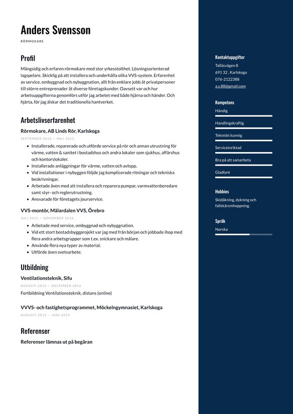 Rörmokare resume example