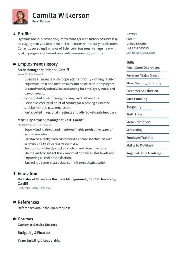 Retail Manager resume example