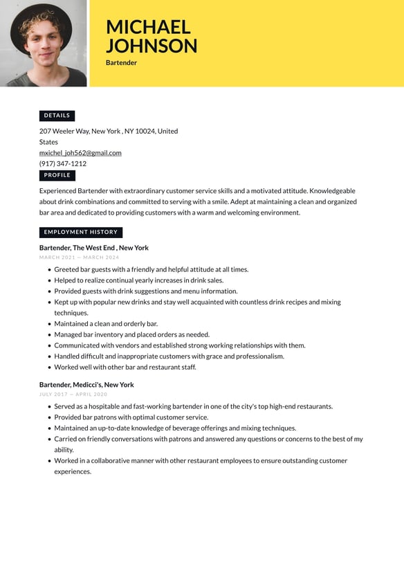 Bartender resume example