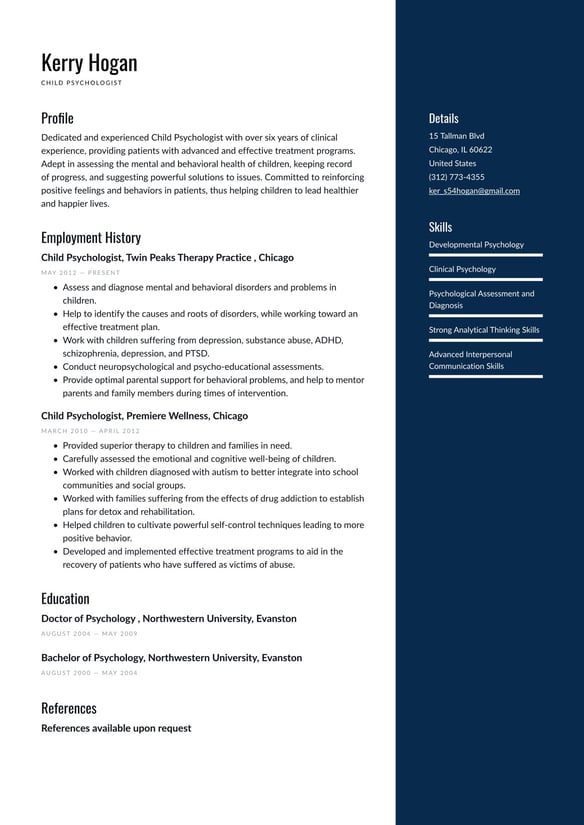 Child Psychologist resume example