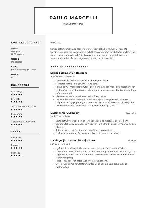 Dataingenj&ouml;r resume example