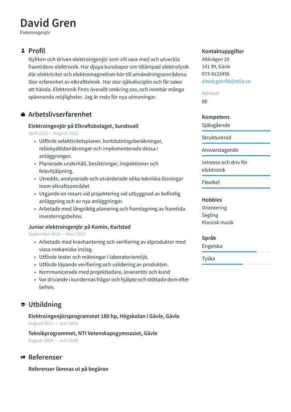 Elektroingenjör resume example