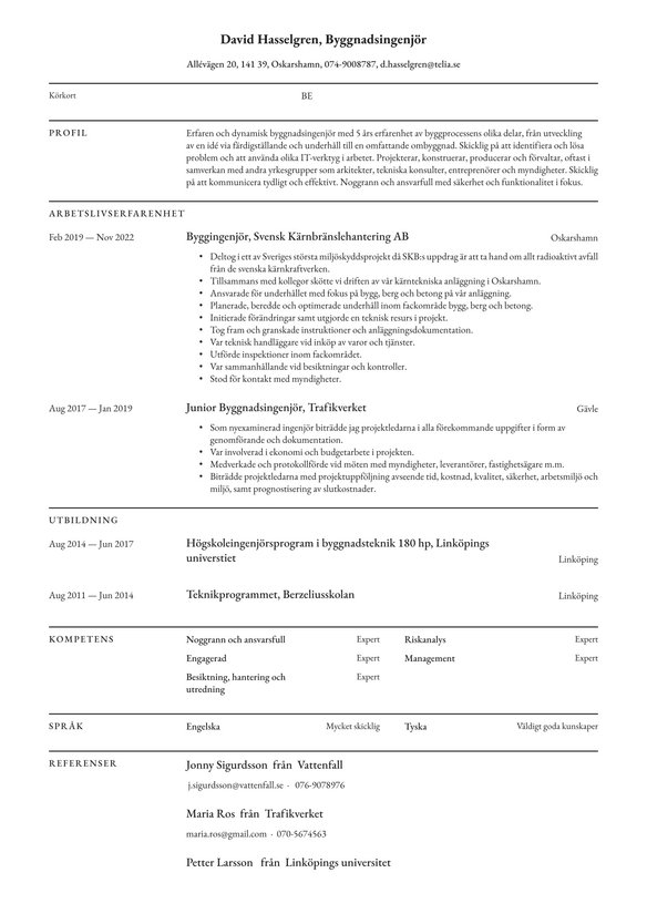 Byggnadsingenj&ouml;r resume example
