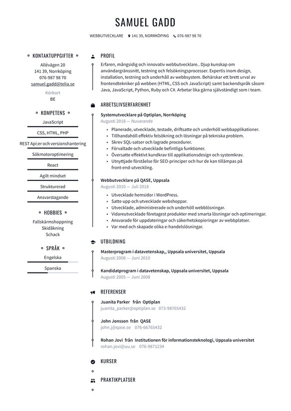 Webbutvecklare resume example