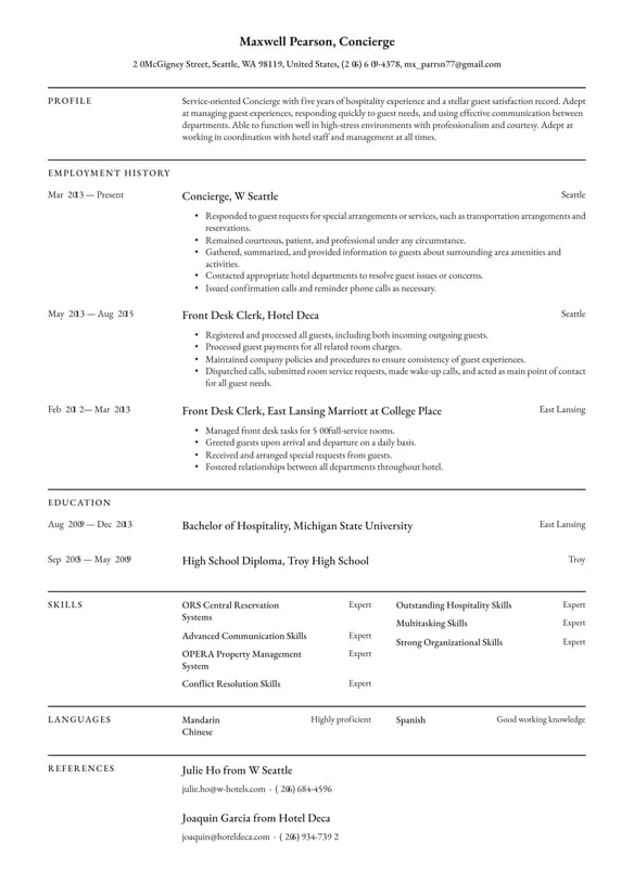 Concierge resume example