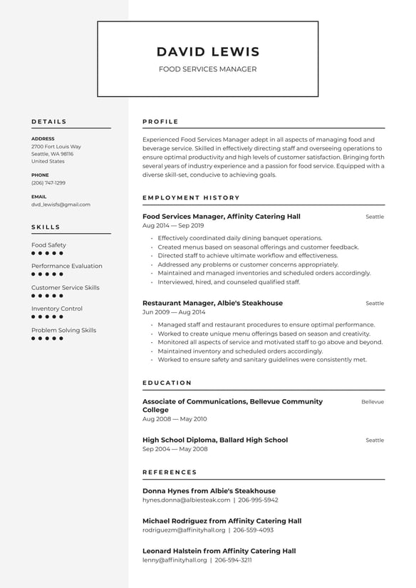 Food Services Manager resume example