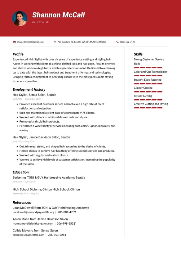 Hair Stylist resume example