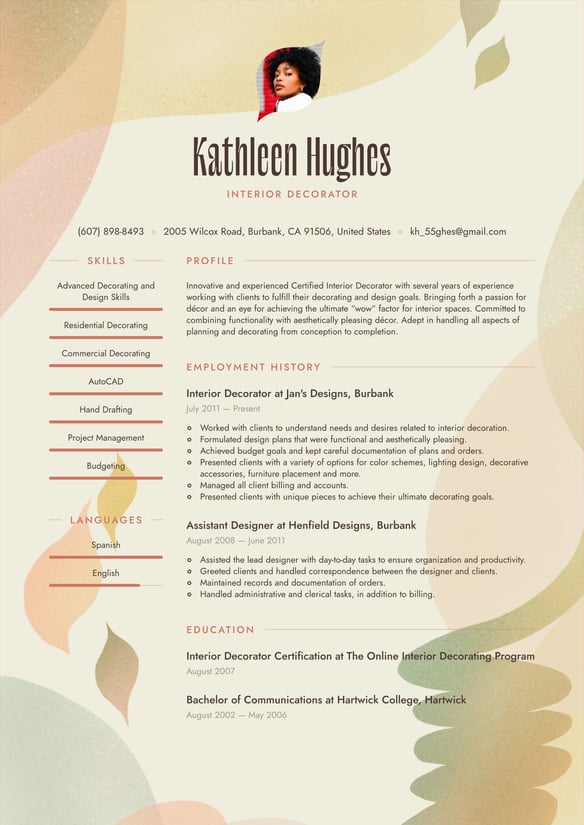 Interior Decorator resume example